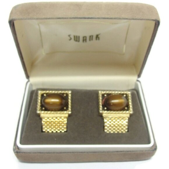 Swank Tiger Eye Cufflinks Mesh Set Gold Tone Wedding Tux Vintage IOB - Picture 16 of 16
